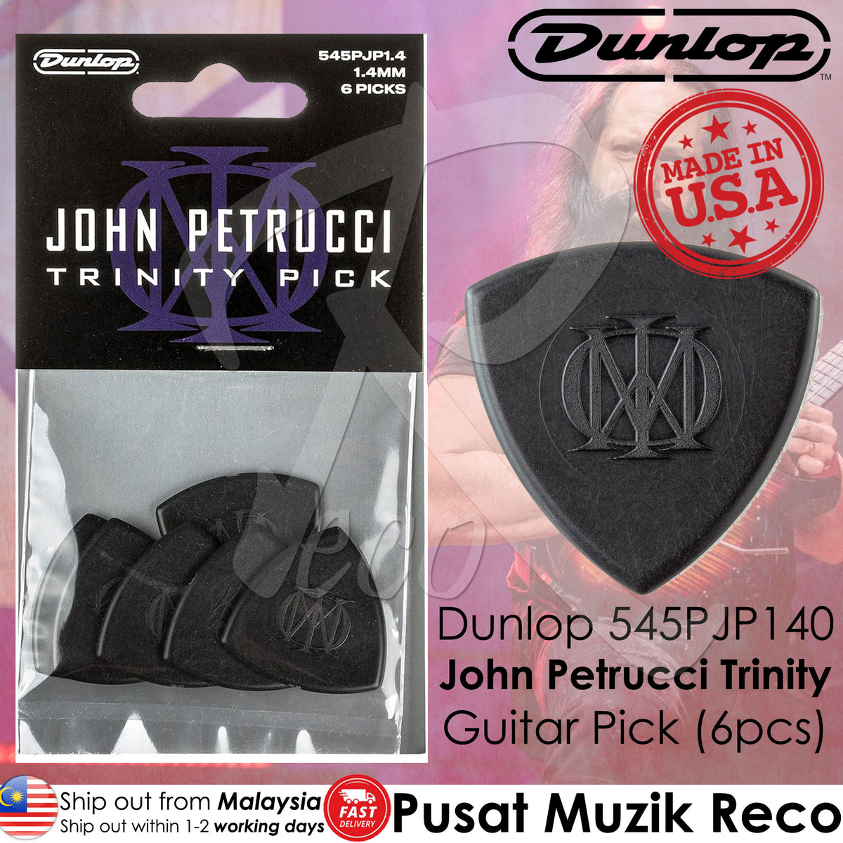 Packaging of Dunlop 545PJP140 John Petrucci Trinity Guitar Picks, featuring a black color guitar pick with a white and purple design, and a picture of John Petrucci with a 'Made in USA' stamp.