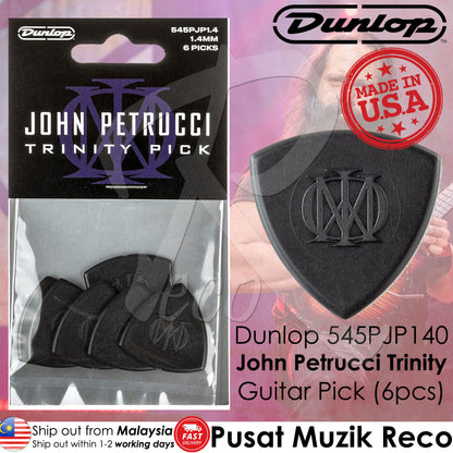 Packaging of Dunlop 545PJP140 John Petrucci Trinity Guitar Picks, featuring a black color guitar pick with a white and purple design, and a picture of John Petrucci with a 'Made in USA' stamp.