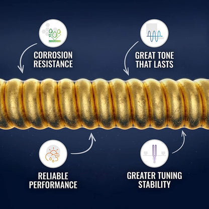 Gold spiral with text on corrosion resistance, tone, performance, and tuning stability against a dark blue background.