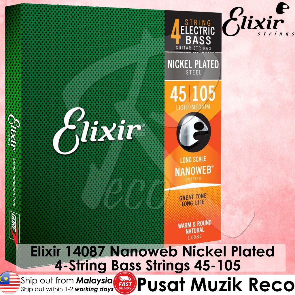 Elixir 14087 Nanoweb Nickel Plated 4-String Bass Strings packaging on a pink background