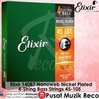Elixir 14087 Nanoweb Nickel Plated 4-String Bass Strings packaging on a pink background