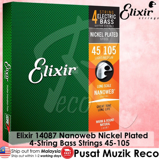 Elixir 14087 Nanoweb Nickel Plated 4-String Bass Strings packaging on a pink background