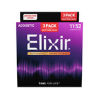 Elixir acoustic guitar strings 3-pack packaging on a white background