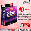 Elixir acoustic guitar string packaging with promotional text on a pink background