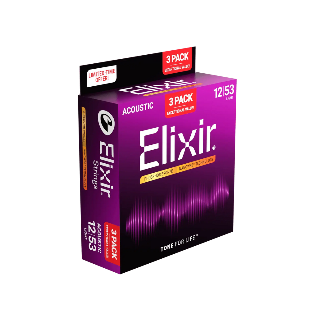 Elixir acoustic guitar strings packaging on a white background