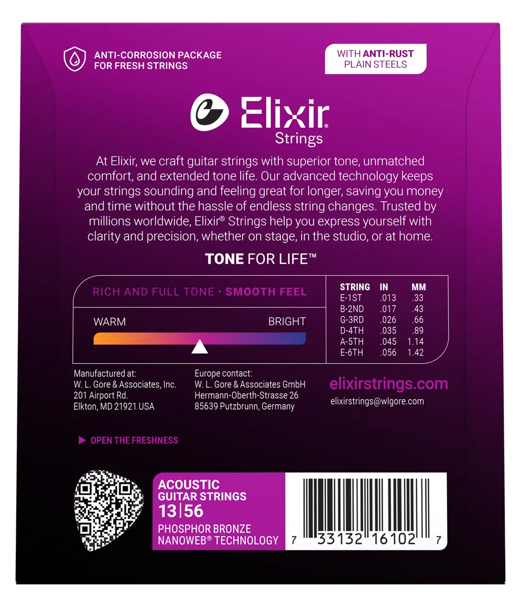 Elixir Strings packaging with product details on a purple background