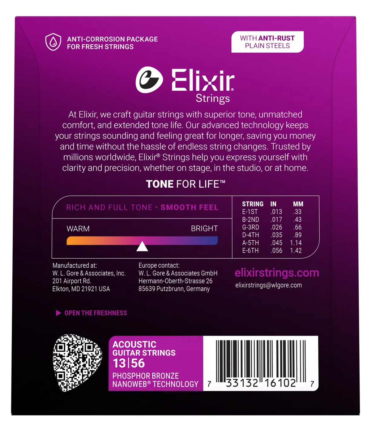 Elixir Strings packaging with product details on a purple background
