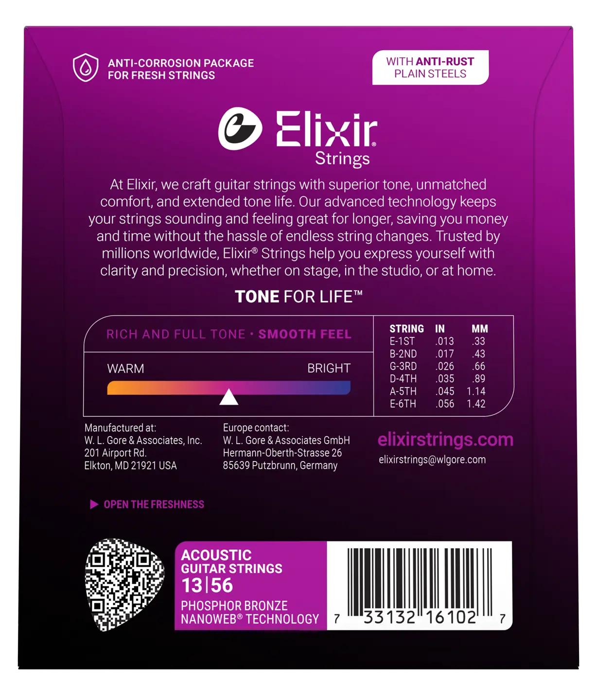 Elixir Strings packaging with product details on a purple background