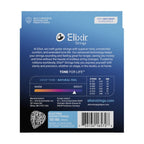 Elixir Strings packaging with branding and product details on a blue background