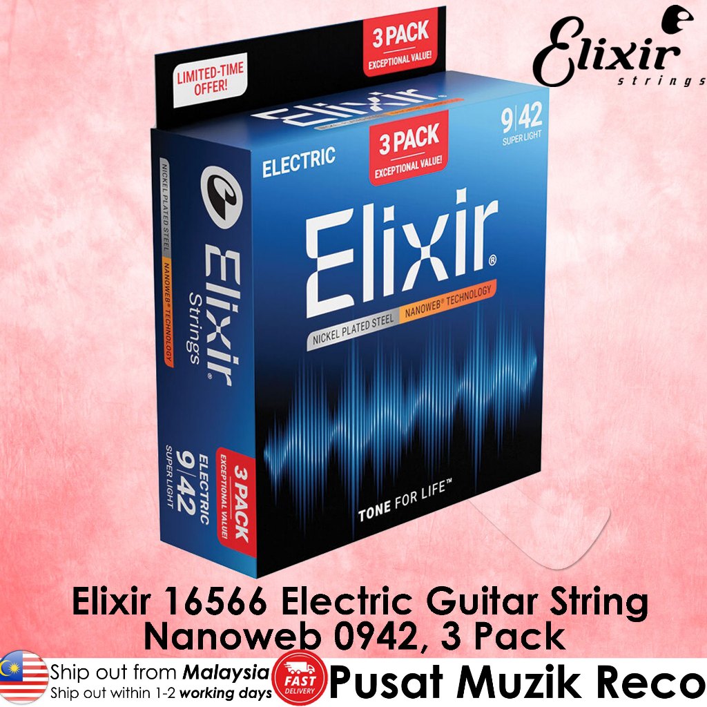 Elixir electric guitar string packaging on a pink background