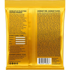 Back view of a gold-colored Ernie Ball electric guitar string package, showing product details, specifications, ingredient information, and a barcode.