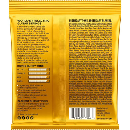 Back view of a gold-colored Ernie Ball electric guitar string package, showing product details, specifications, ingredient information, and a barcode.
