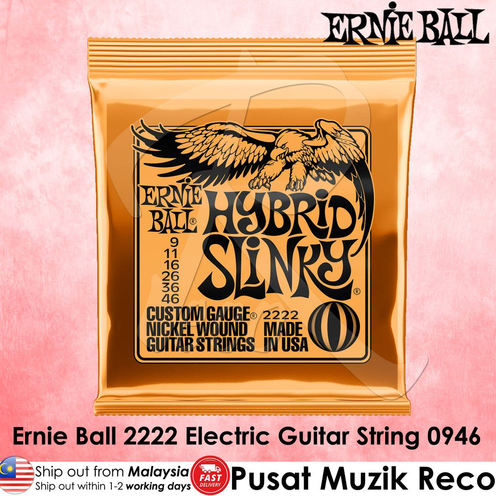 Ernie Ball Hybrid Slinky 2222 electric guitar strings in a gold foil package, displayed against a pink textured background with brand and seller text overlays.
