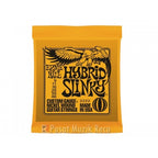 A package of Ernie Ball Hybrid Slinky guitar strings, featuring a bright yellow-orange bag with black text and an eagle graphic, set against a plain white background.