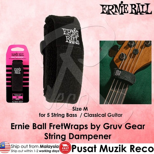 Ernie Ball fret wrap string dampener shown in a product layout with its retail packaging on the left, the main black dampener on the right, and a lifestyle inset photo of a bass guitar neck wearing the dampener on a green headstock. The background is a textured light pink.