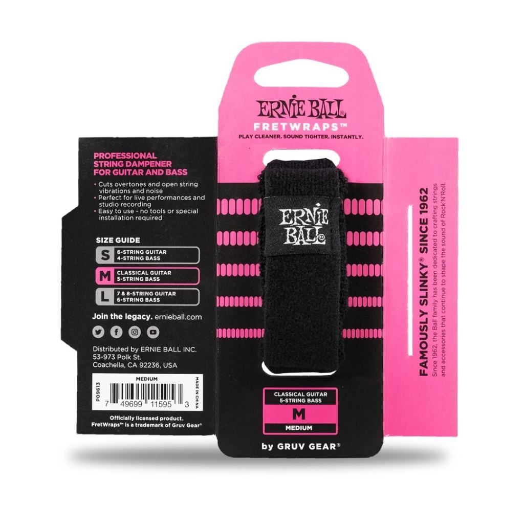 Ernie Ball Freewraps professional string dampener for guitar and bass, shown in its retail packaging with a pink and black backing card. The dampener itself is black with pink stripes and a black velcro strap featuring the Ernie Ball logo.