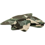 A stack of guitar picks featuring a green and beige camouflage pattern with 'ERNE BALL' printed in white on the front pick.