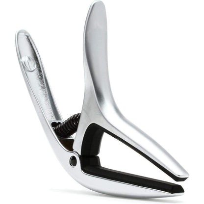 A polished silver metal spring clamp with black rubber pads inside the jaws, shown on a clean white background.