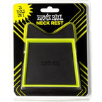 Ernie Ball Neck Rest in its retail blister packaging, featuring a black neck rest with a bright neon yellow-green border and a black backing card with yellow accents.