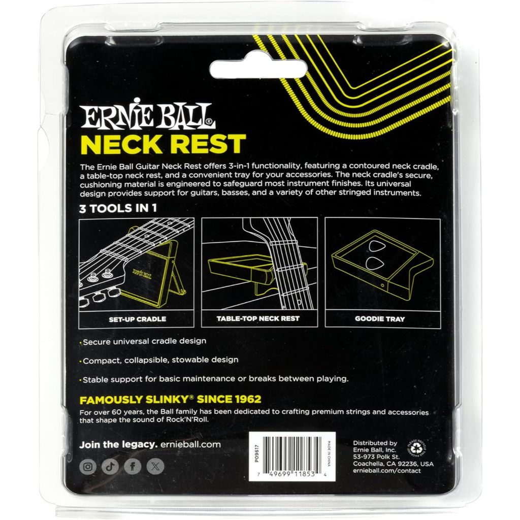 Ernie Ball Neck Rest set in its original clear plastic blister packaging, showing the back of the black cardboard insert which features product diagrams and branding.