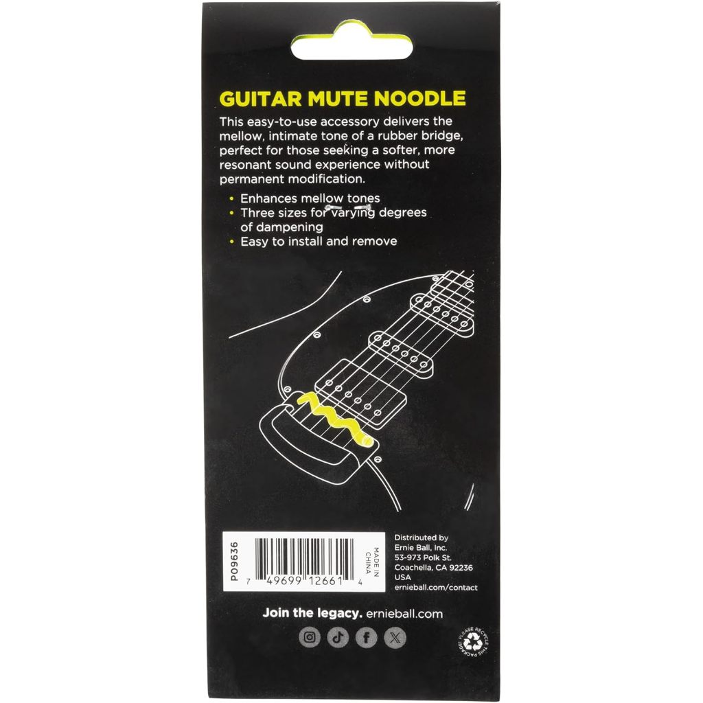 The back of a black retail package for a guitar mute noodle, with yellow title text, bullet points, a line drawing of a guitar and mute, barcode, and small emnieball branding at the bottom.