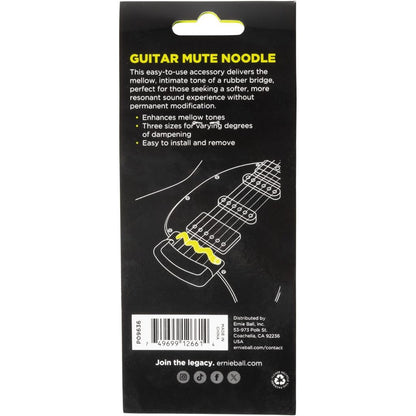 The back of a black retail package for a guitar mute noodle, with yellow title text, bullet points, a line drawing of a guitar and mute, barcode, and small emnieball branding at the bottom.