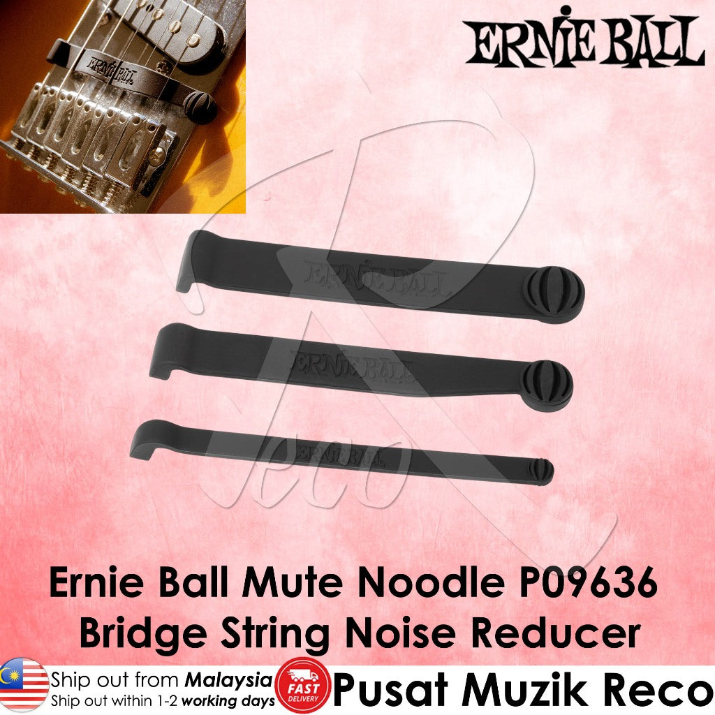 Three black Ernie Ball mute noodle noise reducer clips shown on a pink textured background with brand and product text overlays.