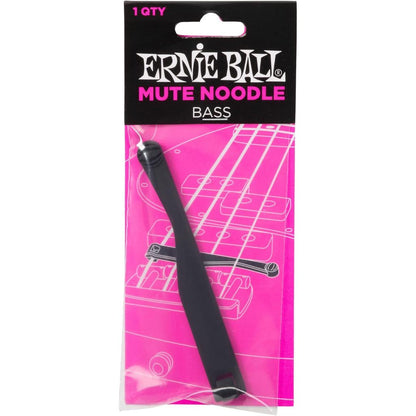 Ernie Ball Mute Noodle Bass in its original retail packaging, featuring a black plastic noodle inside a clear plastic sleeve with a black and pink header card.