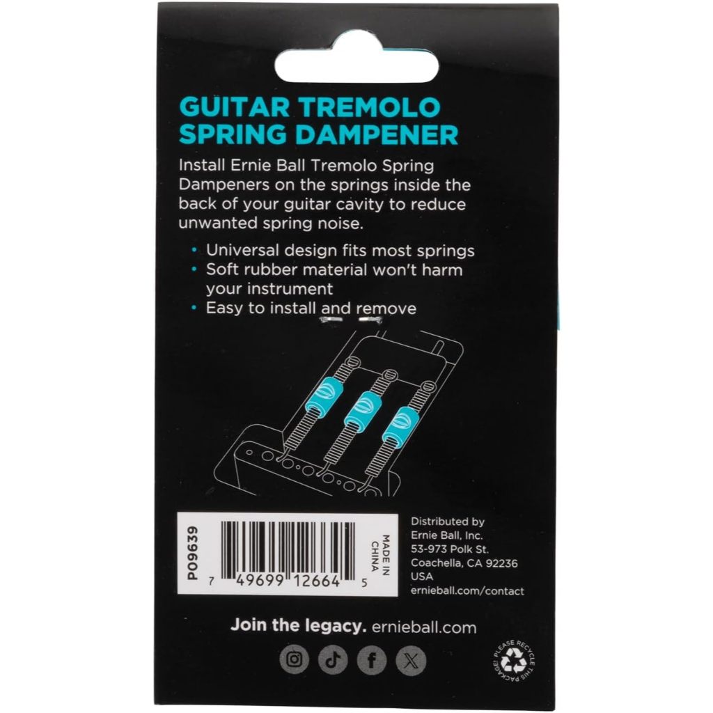 Back of a black retail package for a guitar tremolo spring dampener, with blue text, product description, installation instructions, a line drawing of the product, barcode, and Ernie Ball branding.