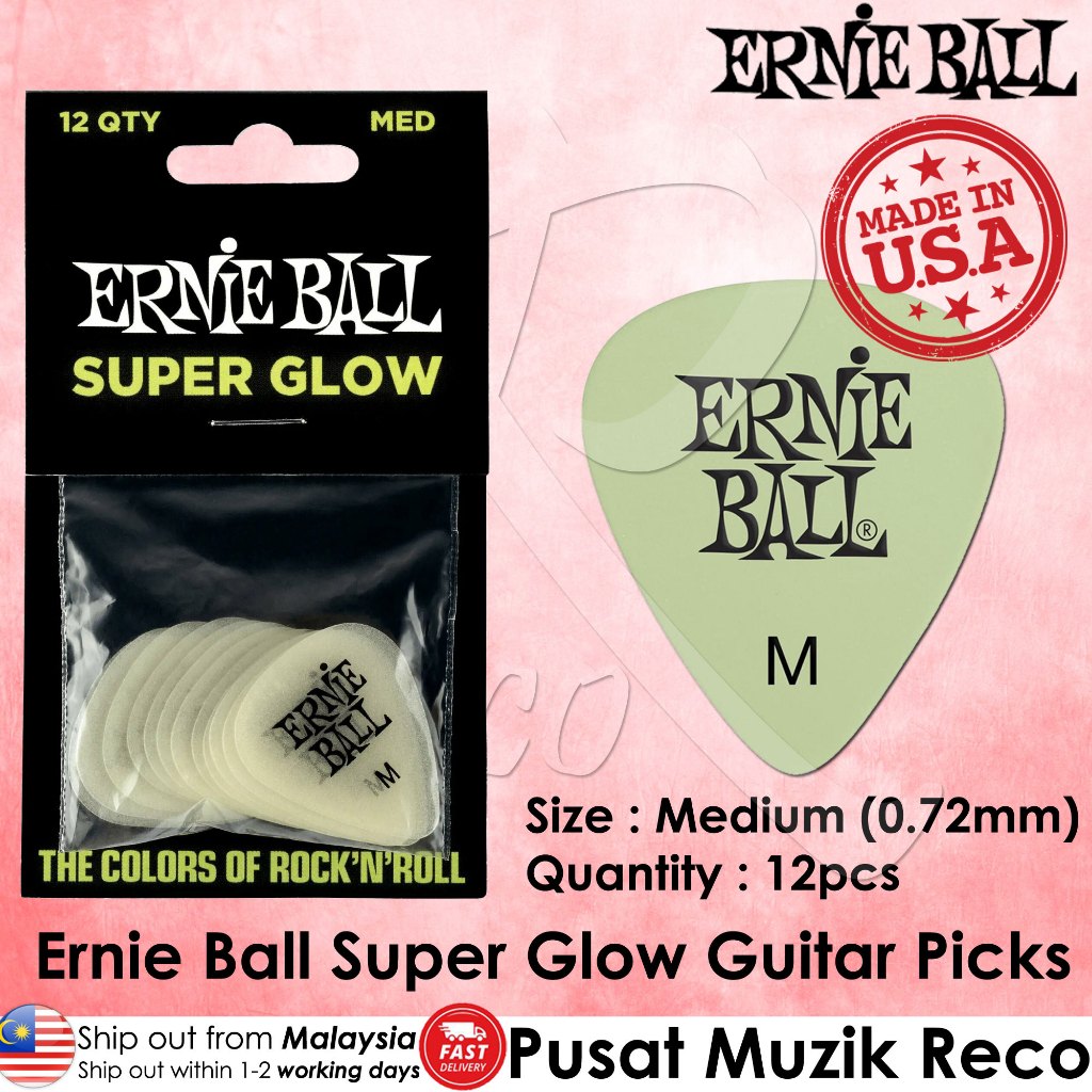 Ernie Ball PO9225 Super Glow Medium Guitar Picks 12pcs Glow in Dark