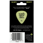 Ernie Ball heavy glow-in-the-dark plastic guitar picks in a 12-pack, shown on their black retail backing card.