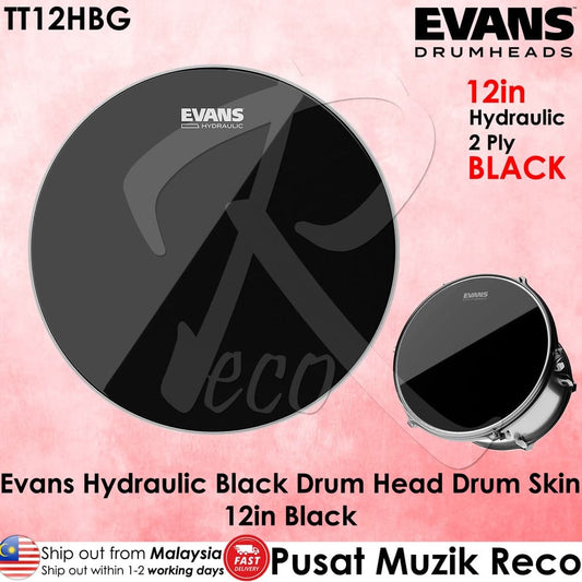 Evans TT12HBG Hydraulic Black Drum Head, 12-inch, 2-ply, with a thin layer of oil, displayed alongside its packaging.