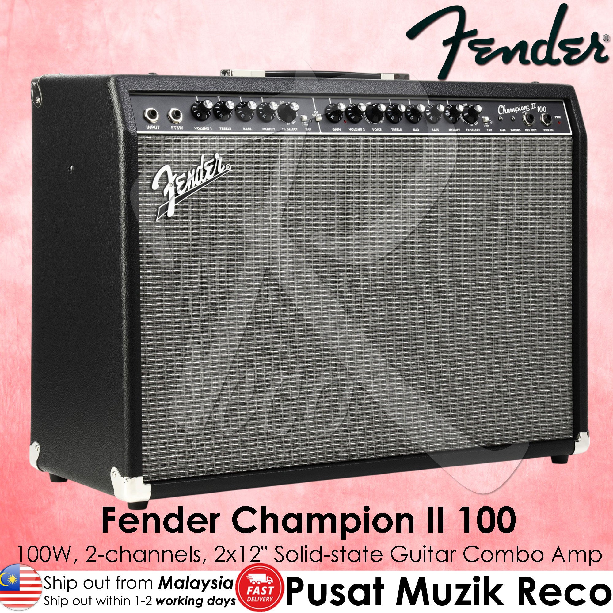 Fender Champion II 100 guitar combo amplifier on a pink background