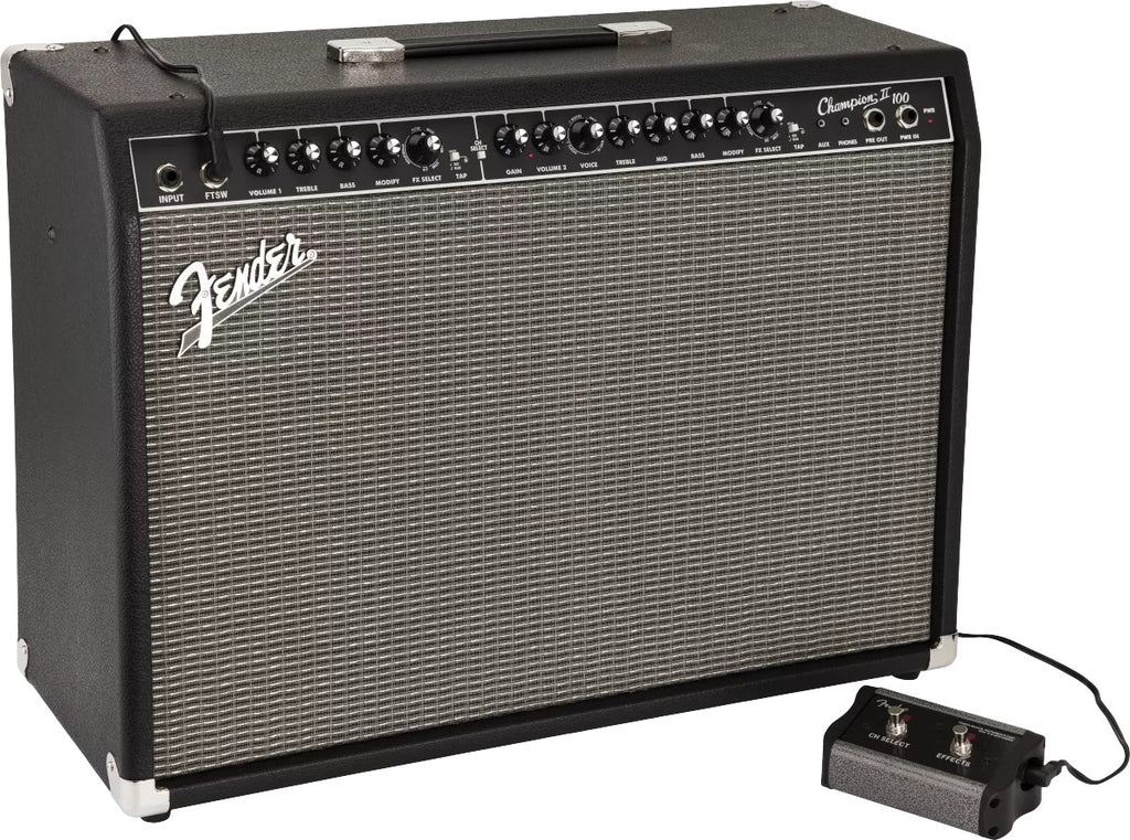 Fender guitar amplifier with a footswitch on a white background