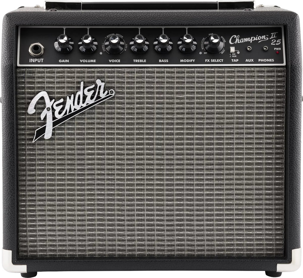 Fender Champion 25 guitar amplifier with control panel and branding.