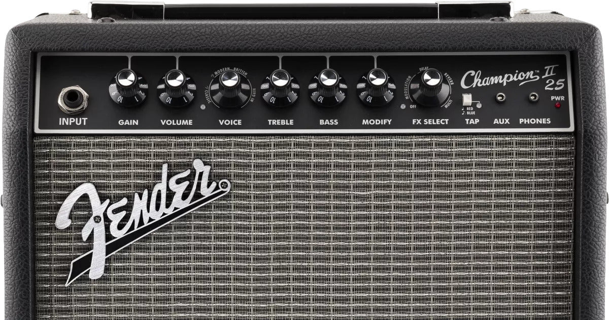Fender Champion II 25 guitar amplifier with control knobs and branding.
