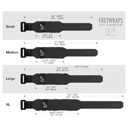 Fretwraps size chart with dimensions for small, medium, large, and XL sizes on a white background.