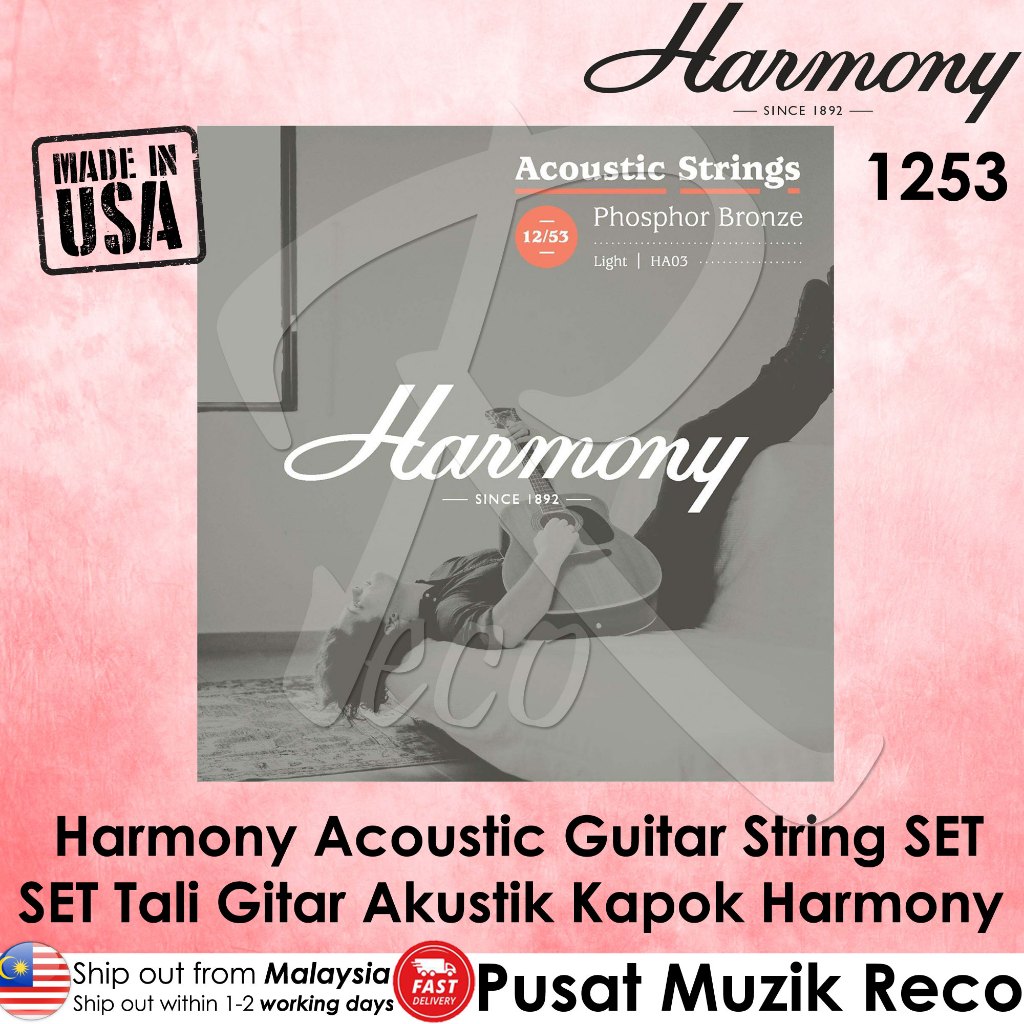 Promotional graphic for Harmony Acoustic Guitar Strings Set 1253 Phosphor Bronze, featuring a grayscale product cover image of a person holding a guitar, set against a pink textured background with 'MADE IN USA' and distributor text.
