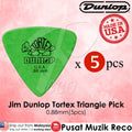 A pack of five green Jim Dunlop Tortex Triangle guitar picks, with the gauge marked as 0.88mm, displayed on a pink background.