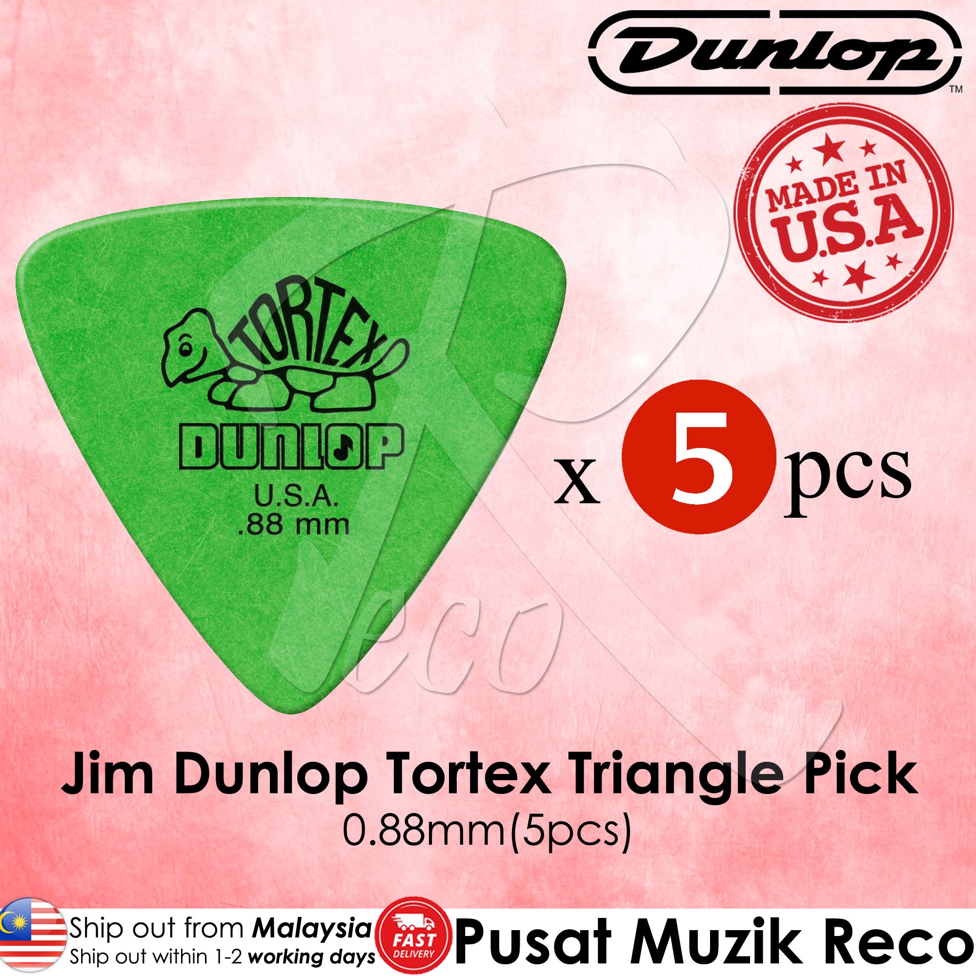 A pack of five green Jim Dunlop Tortex Triangle guitar picks, with the gauge marked as 0.88mm, displayed on a pink background.