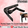 Dunlop Trigger Fly Curved Guitar Capo, spring-loaded aluminum capo for acoustic guitar, displayed in black and silver colors.