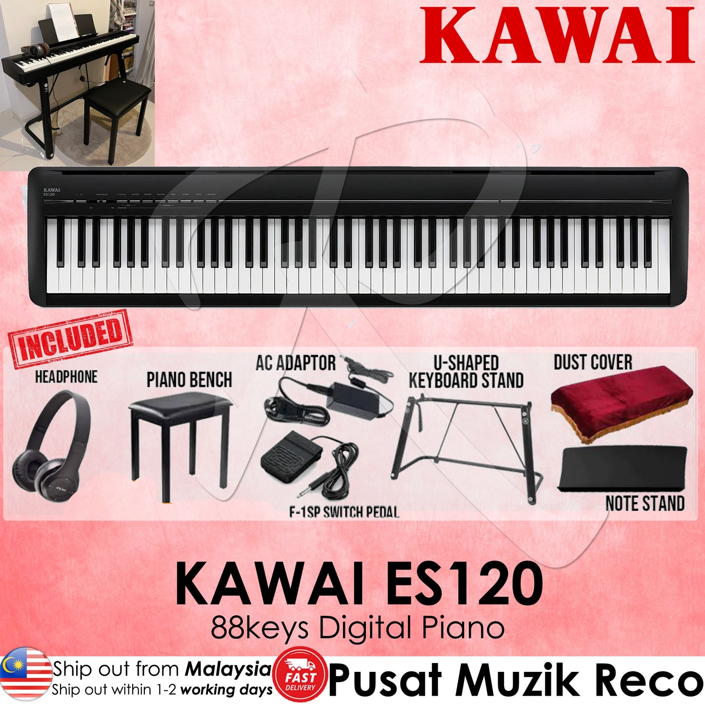 Kawai ES-120 88 keys Digital Piano with Stand, Bench, Headphone and Acc - Black - Reco Music Malaysia