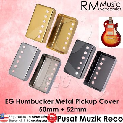 Six EG humbucker metal pickup covers in gold, silver, and black finishes, displayed on a pink textured background with RM Music Accessories branding and product text overlays.