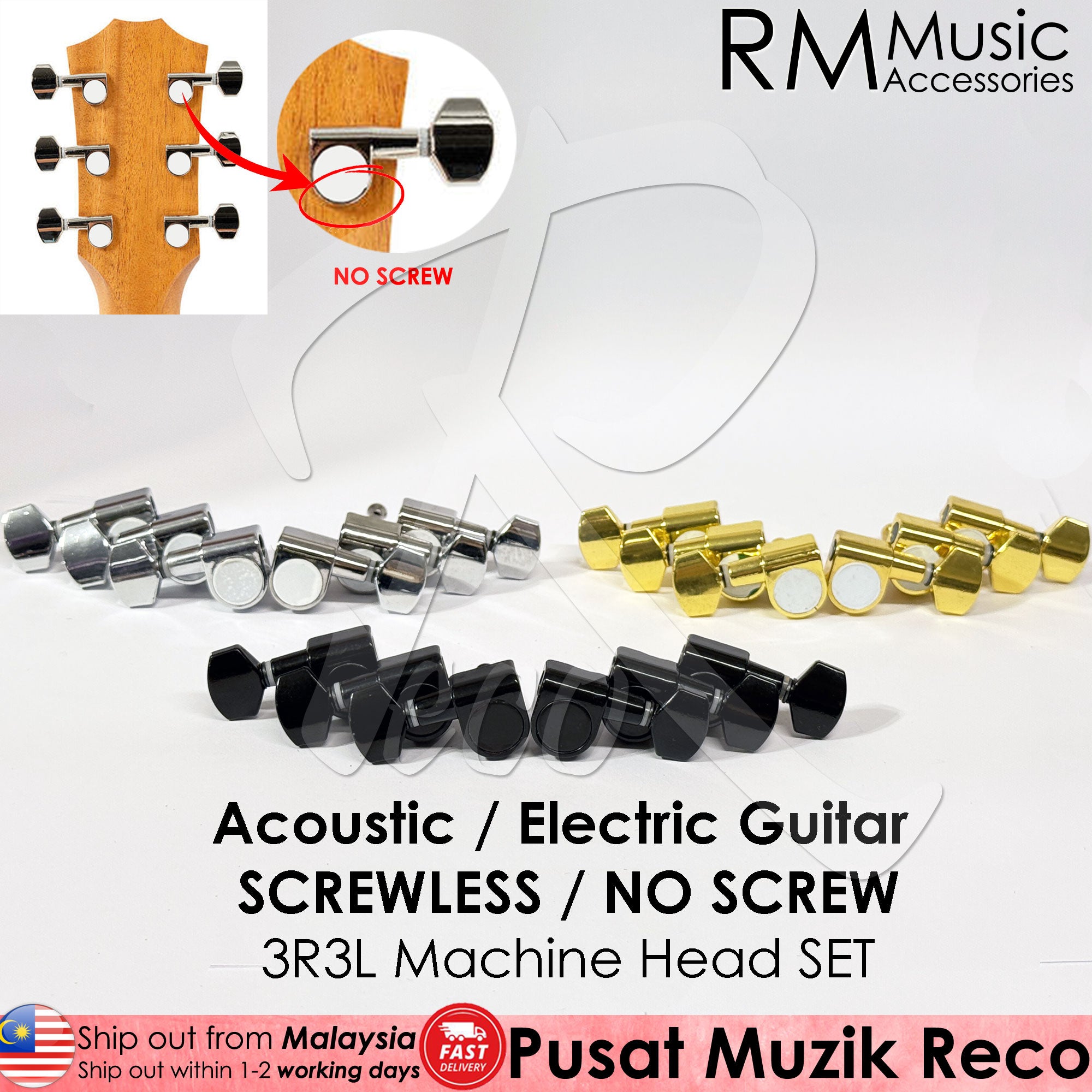 RM SCREWLESS / NO SCREW Acoustic Guitar Machine Head SET Tuning Pegs Tuner 3R3L