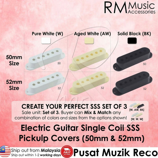 A product information graphic for RM Music Accessories showing electric guitar single coil SSS pickup covers in three color options: Pure White (W), Aged White (AW), and Solid Black (BK). The graphic displays both 50mm and 52mm sizes with corresponding color swatches and model numbers 50 and 52.