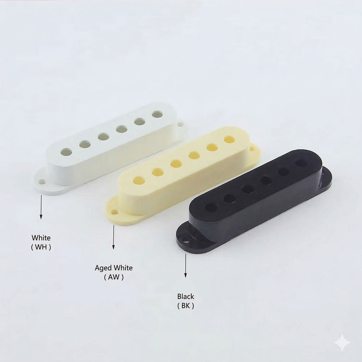 Three guitar bridge pickups shown on a white background with labels pointing to each color variant: White (WH), Aged White (AW), and Black (BK).