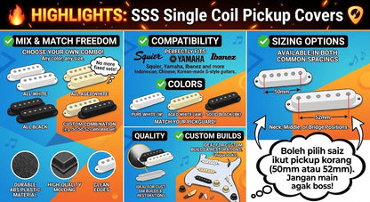 Promotional infographic for SSS Single Coil Pickup Covers, showing three blue and orange panels with text about mix and match freedom, compatibility with Squier, Yamaha, and Ibanez, sizing options, and quality. The image includes product cutouts and diagrams of pickup covers.