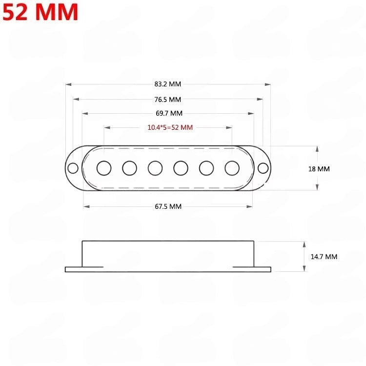 Technical dimension diagram of a 52 mm guitar pickup, showing front and side profile measurements in millimeters on a white background.