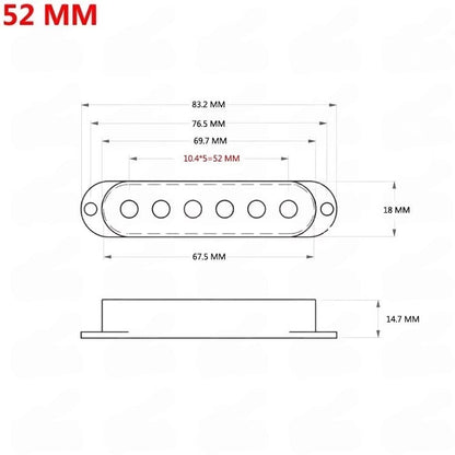Technical dimension diagram of a 52 mm guitar pickup, showing front and side profile measurements in millimeters on a white background.