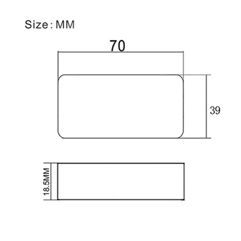Technical dimension diagram of a rounded rectangular product, labeled 'Size : MM', with top and side views showing measurements 70, 39, and 18.5MM on a white background.